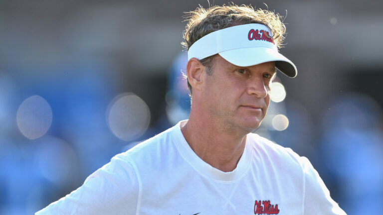 Ole Miss Rebels coach Lane Kiffin in warmups before game against the Arkansas Razorbacks