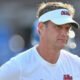 Ole Miss Rebels coach Lane Kiffin in warmups before game against the Arkansas Razorbacks