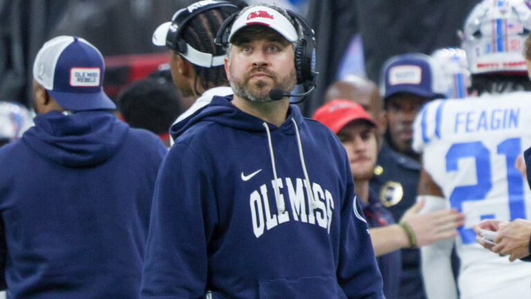 Ole Miss Rebels coach Pete Golding on the sidelines during the Sugar Bowl against the Georgia Bulldogs